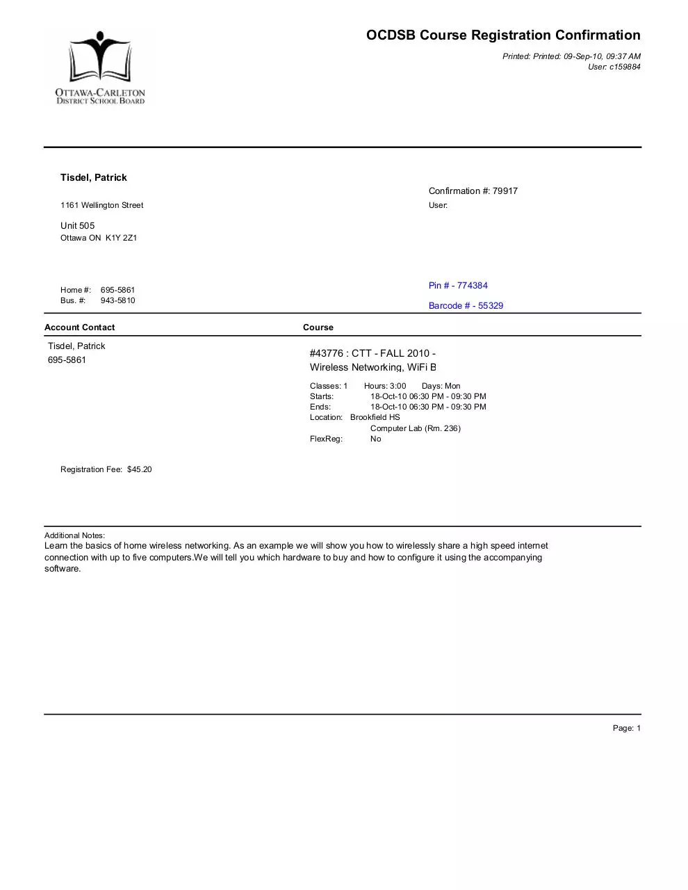 Page 1 of 1, Registration Confirmation with PIN OCDSB 37599 53889