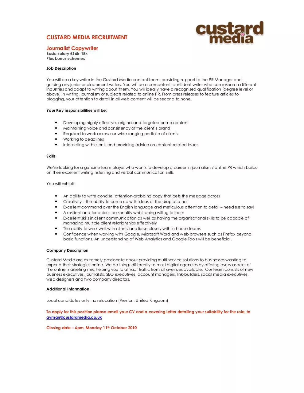 Page 1 of 1, Journalist recruitment Custard Media SEP 2010