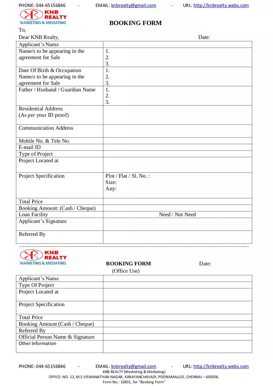 Page 1 of 1, BOOKING FORM