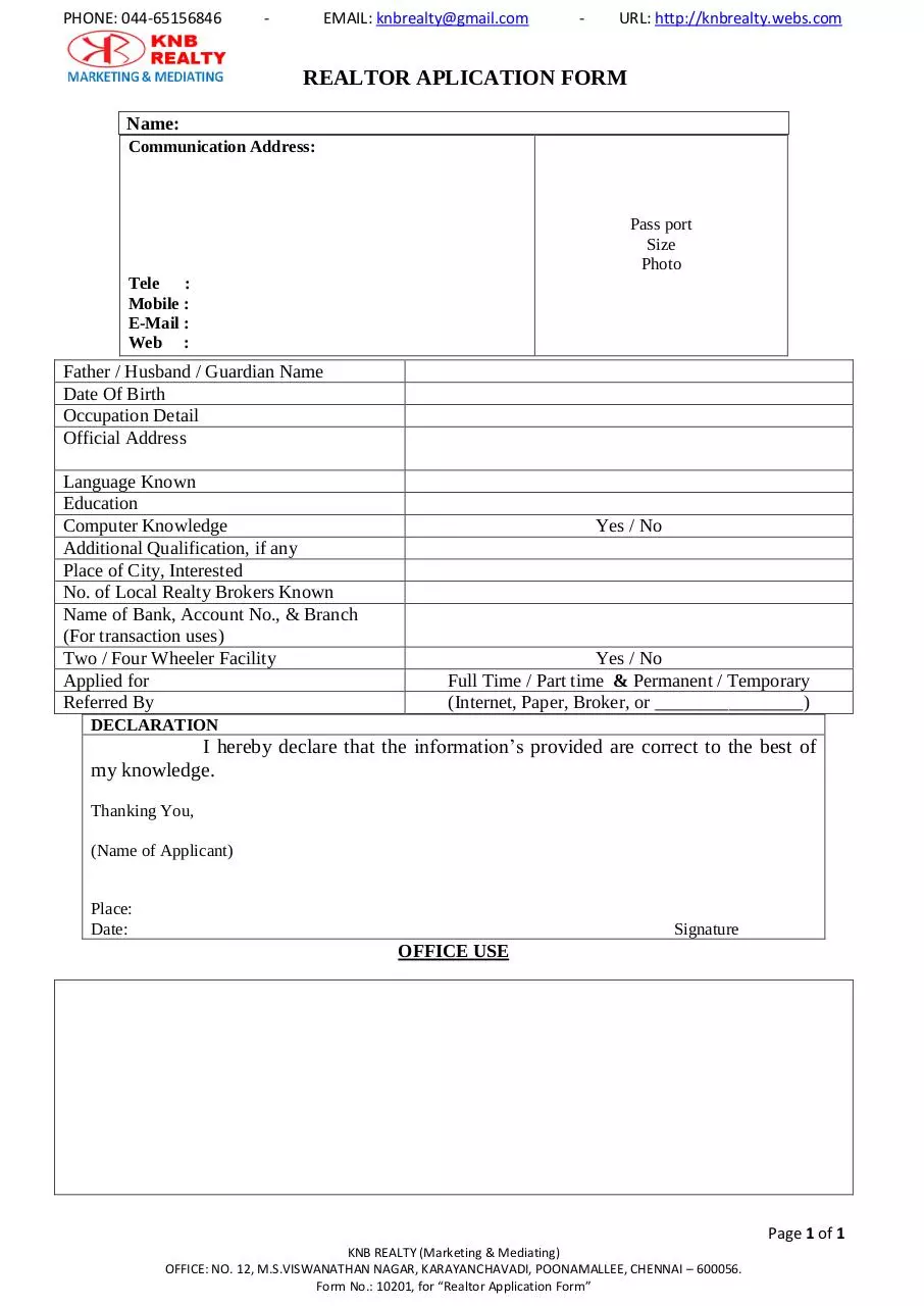 Document preview - REALTOR APPLICATION FORM.pdf - Page 1/1