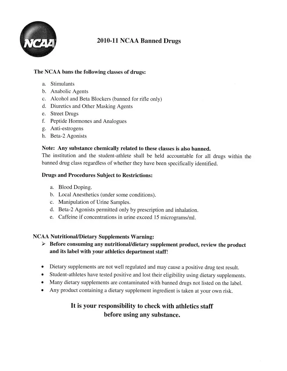Page 1 of 1, 2010 11 BannedSubstances