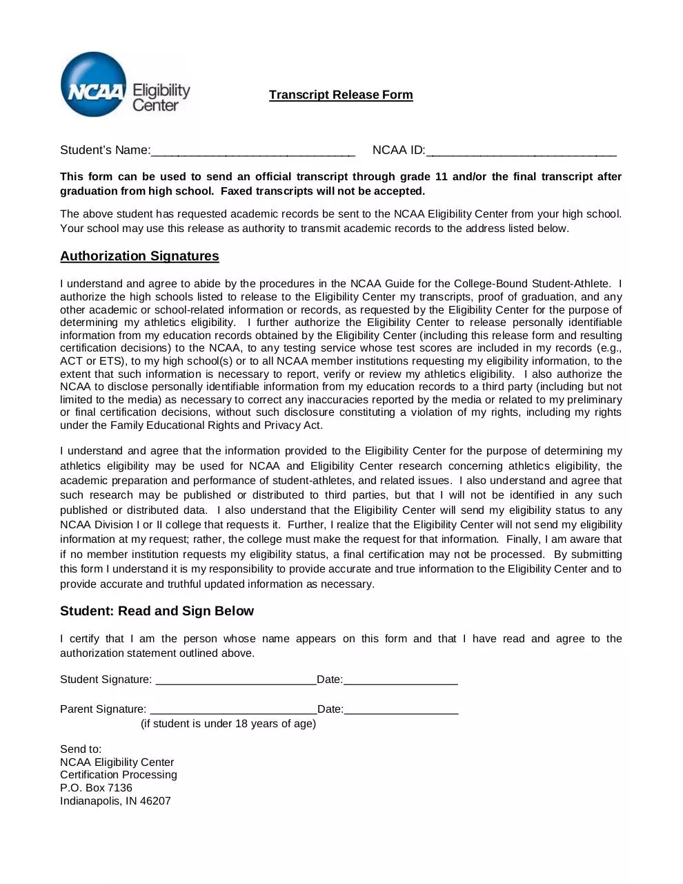 Page 1 of 1, TranscriptReleaseForm
