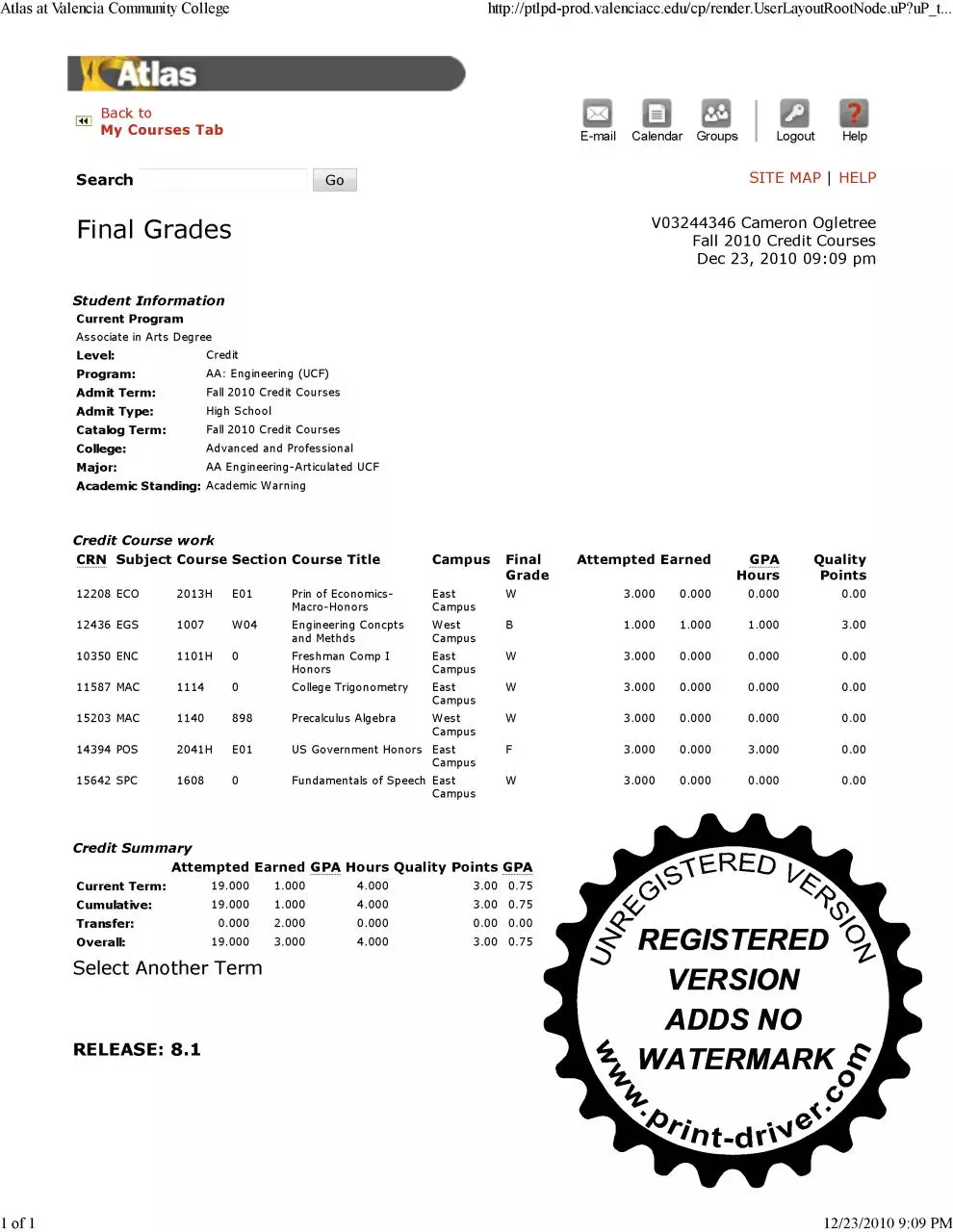 Page 1 of 1, Atlas at Valencia Community College
