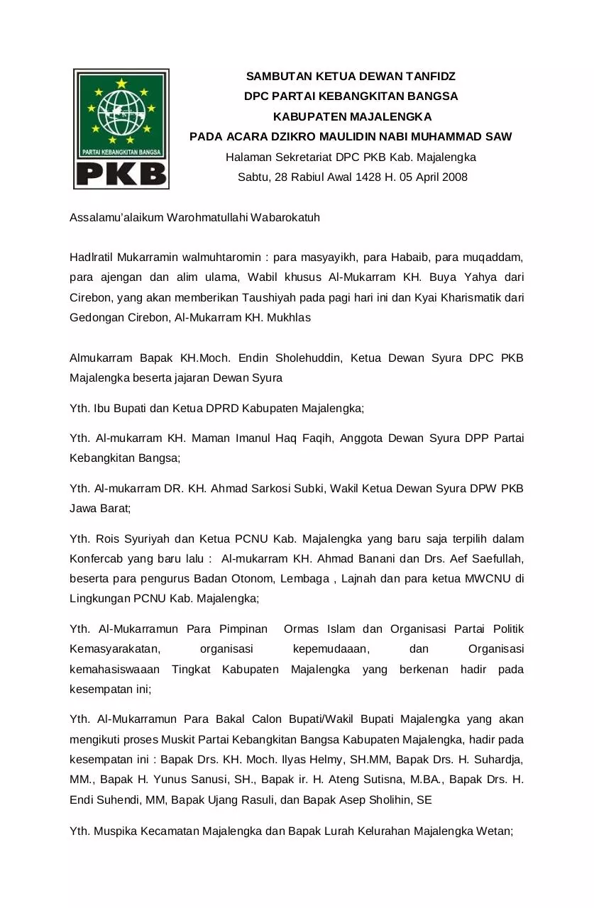 Page 1 of 8, Pidato Ketua DPC acara Maulid Nabi