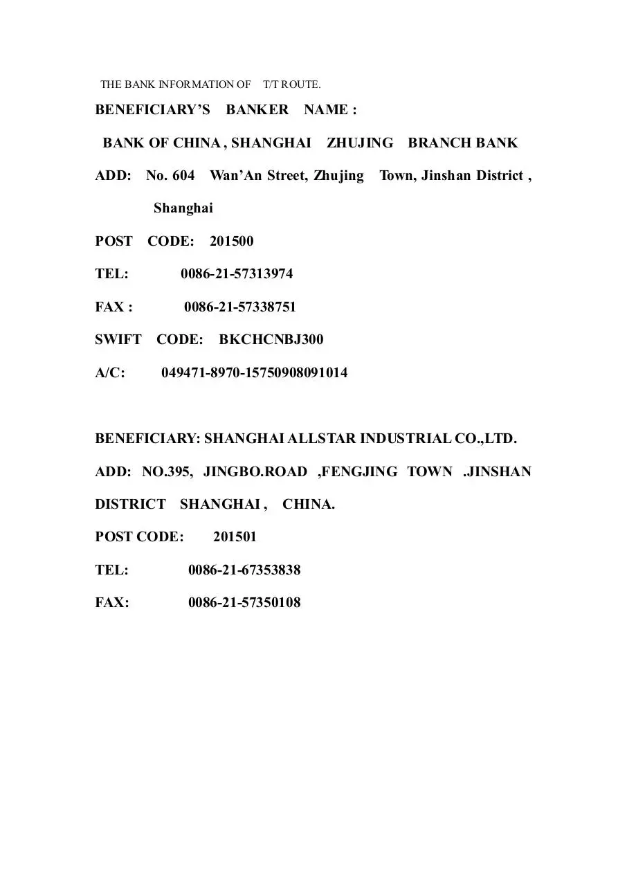 Page 1 of 1, Bank Information