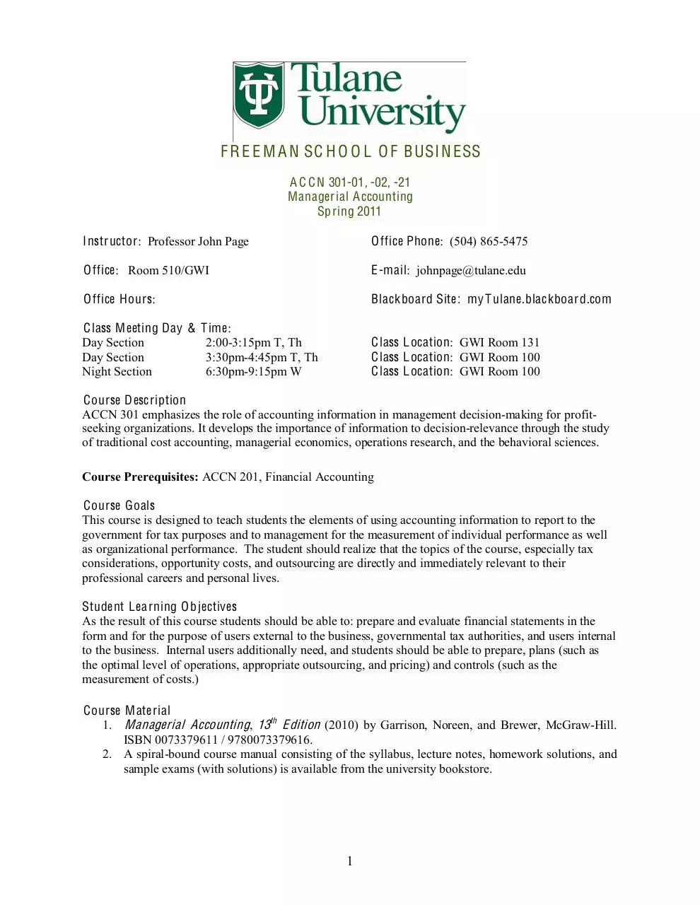 Page 1 of 6, Syllabus ACCN 301 S 2011 J Page