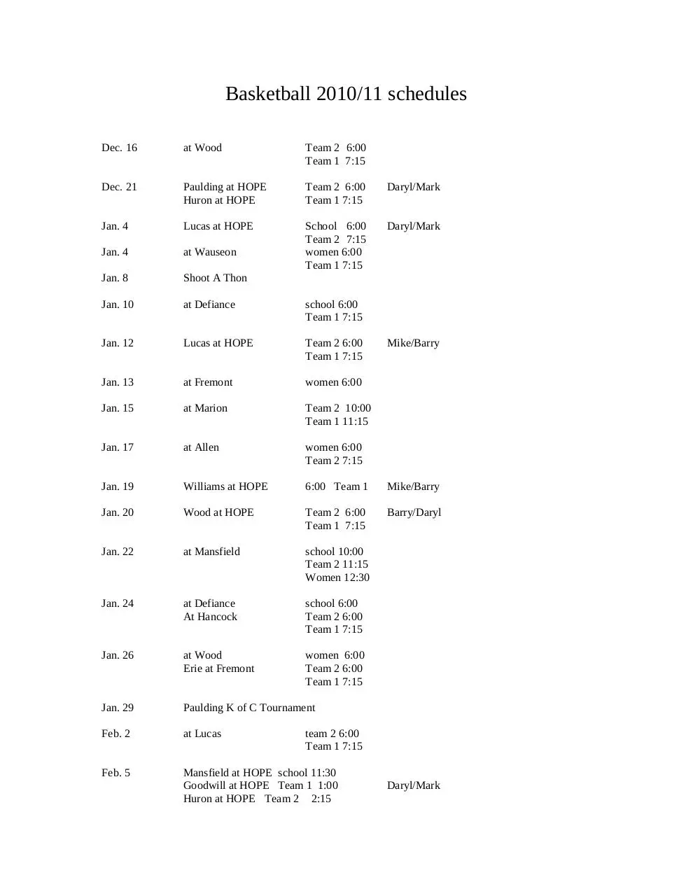 Page 1 of 2, Basketball Schedule 2010 2011