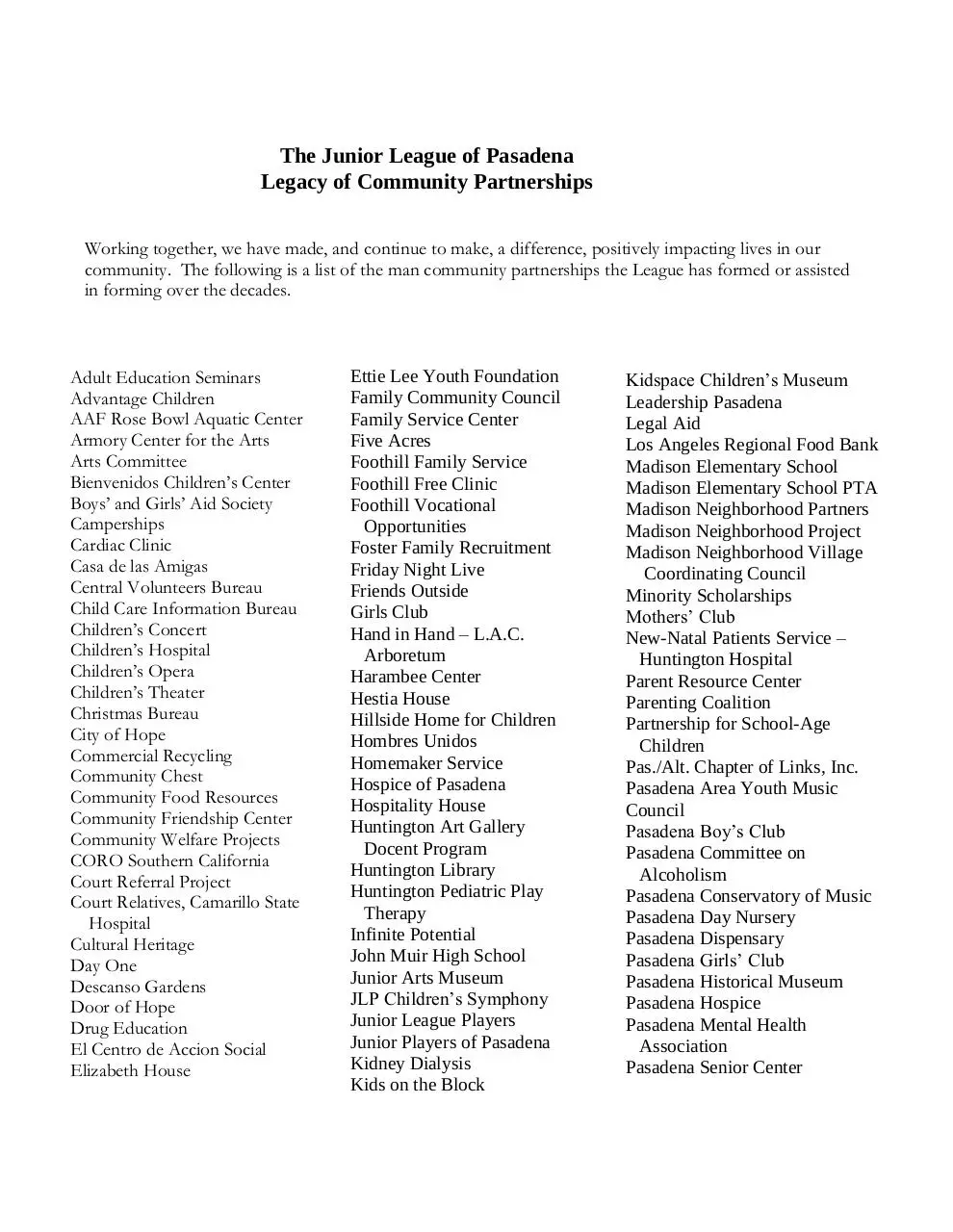 Page 1 of 2, Legacy of Commuinity Partnerships