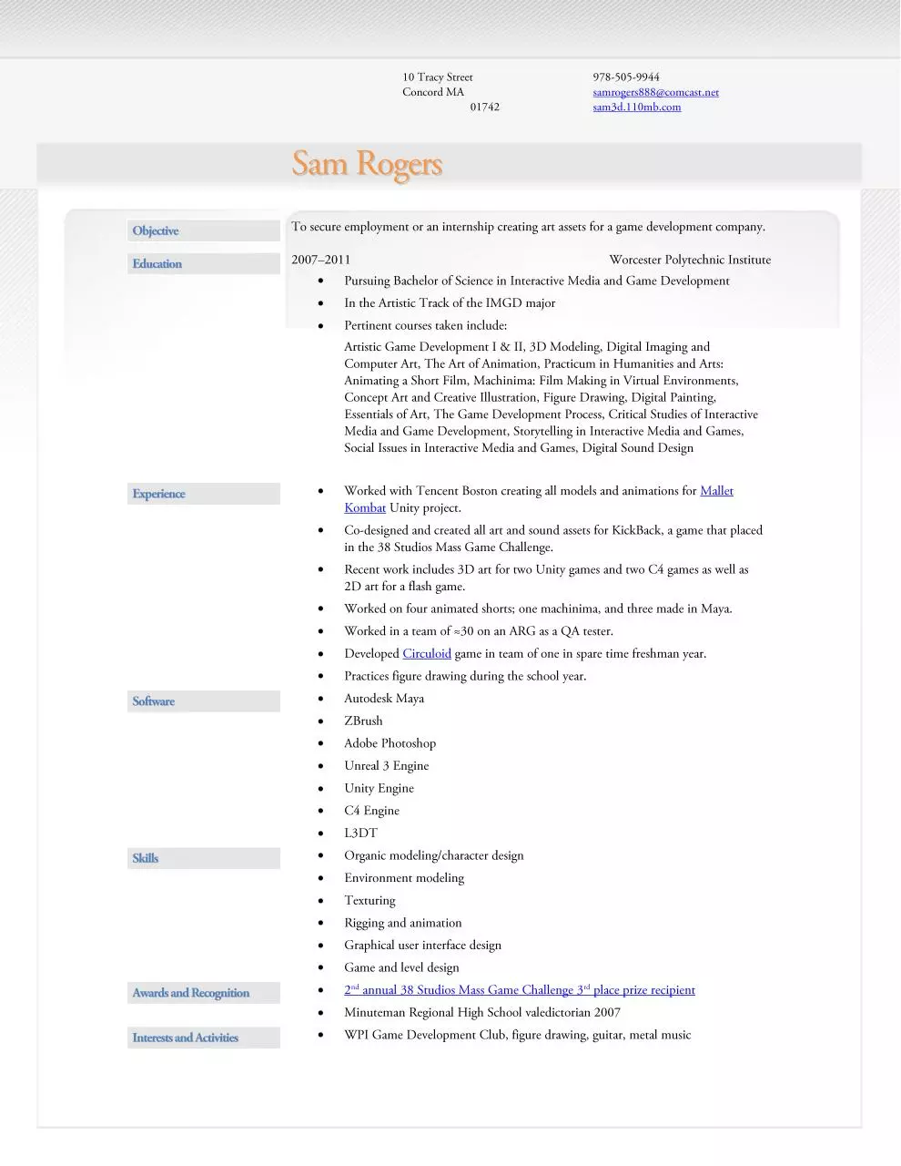 Page 1 of 1, Sam Rogers resume