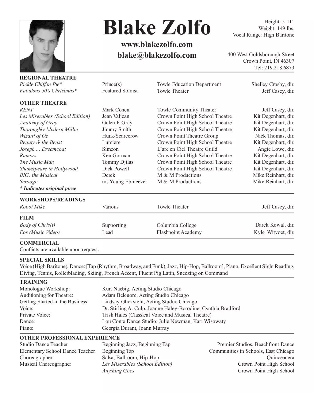 Page 1 of 1, Blake Zolfo Theatrical Resume