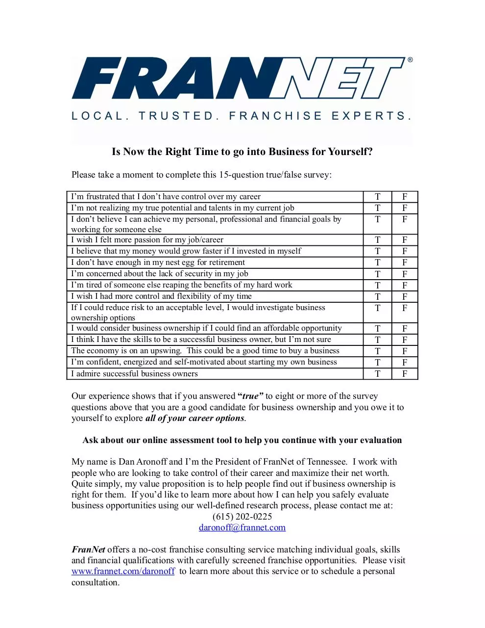 Page 1 of 1, Business Ownership Quick Survey 1