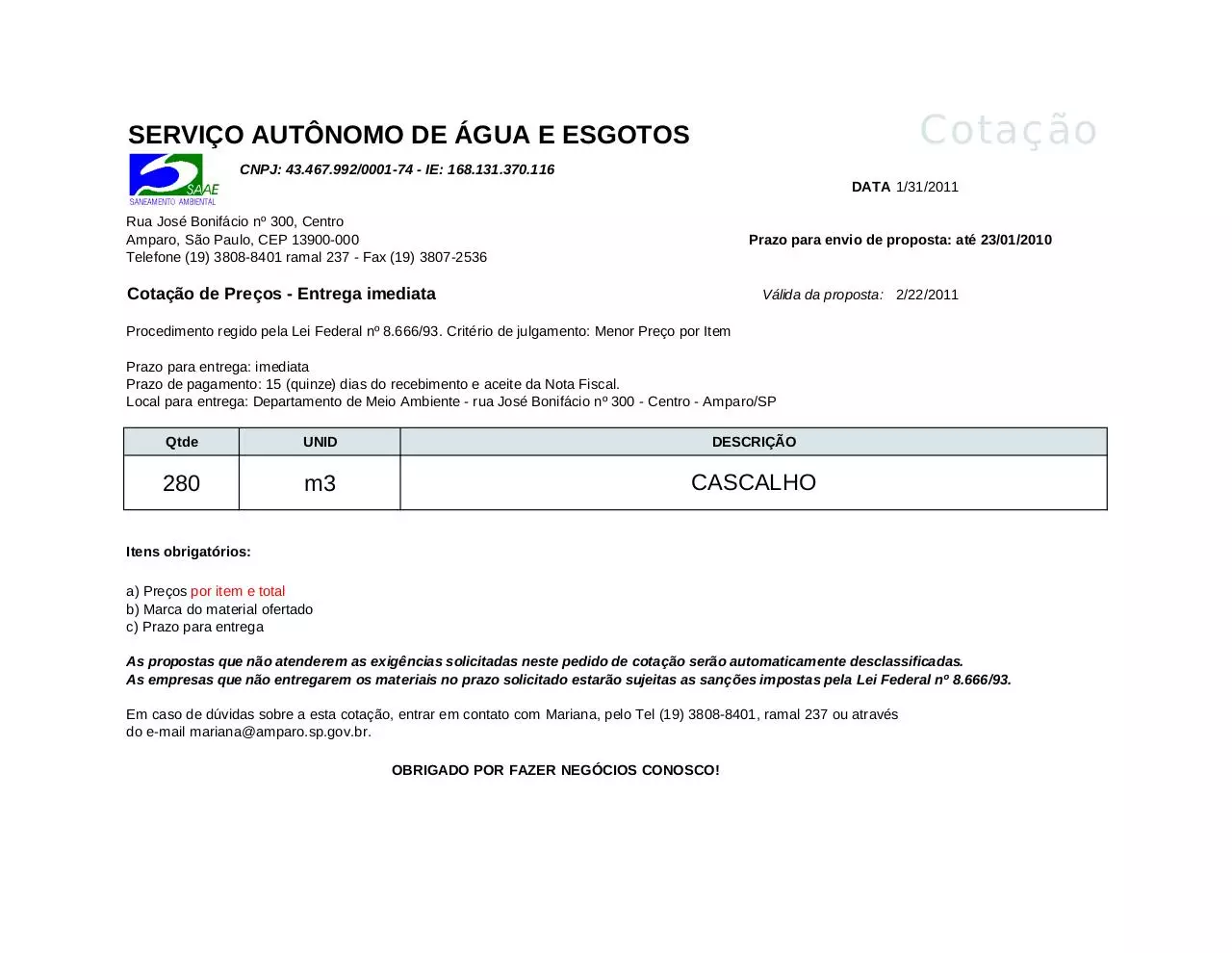 Page 1 of 1, descrição saae