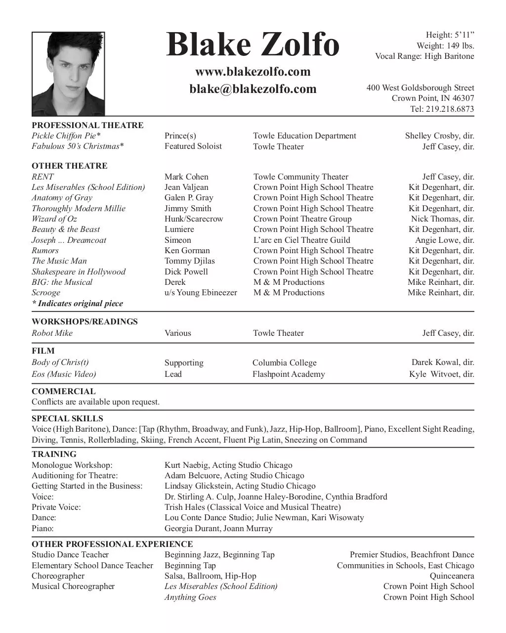 Document preview - Blake Zolfo Theatrical Resume.pdf - Page 1/1