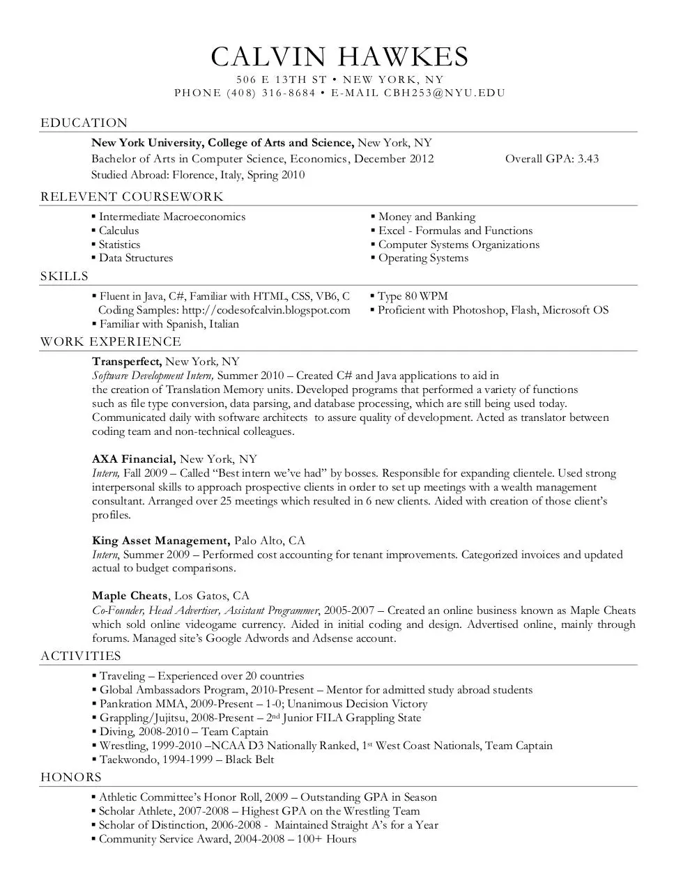 Page 1 of 1, CHawkes Resume