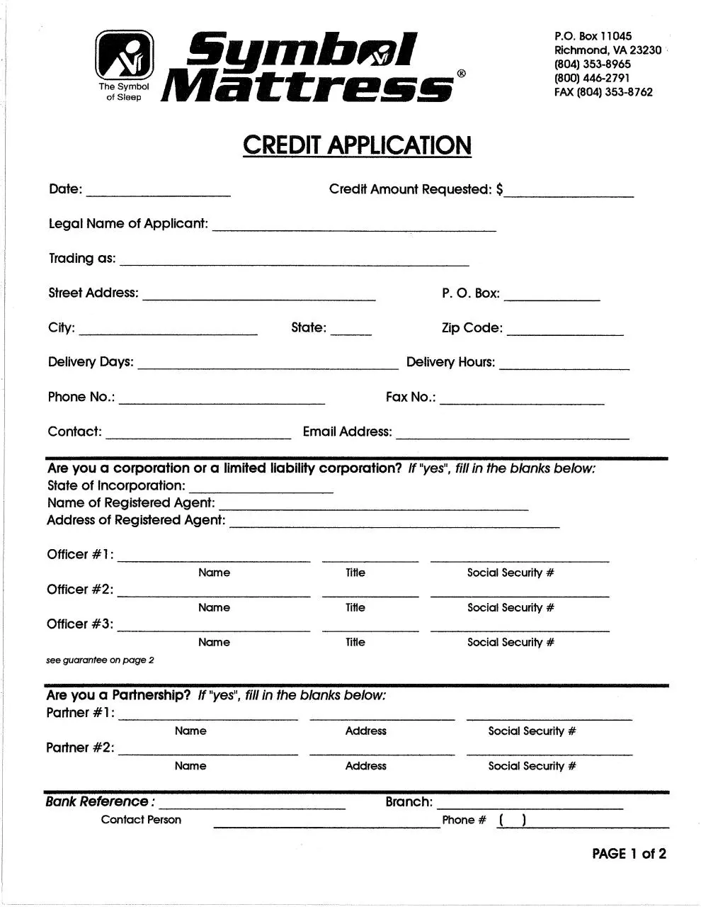 Page 1 of 2, Symbol Mattress Credit Application