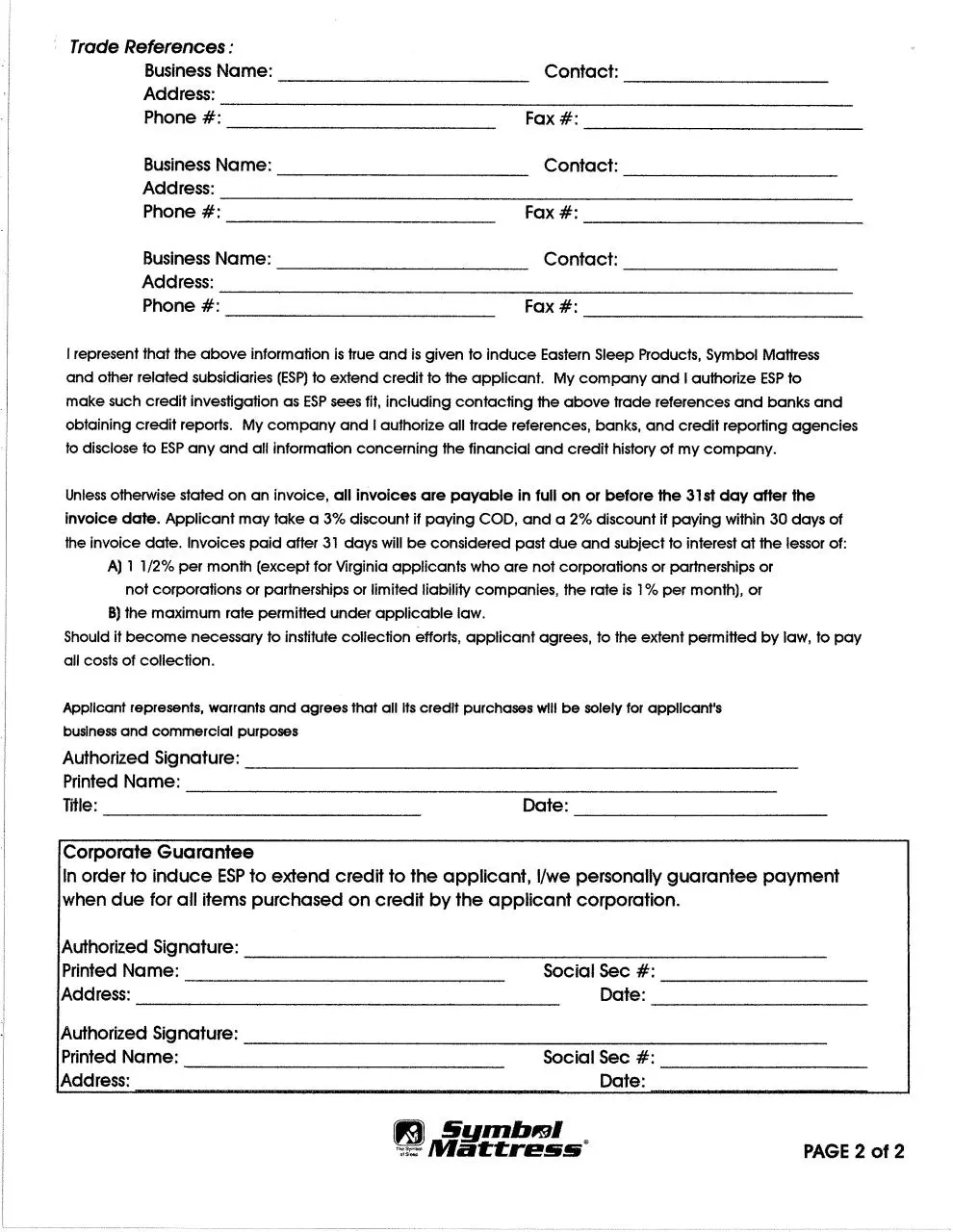 Page 2 of 2, Symbol Mattress Credit Application