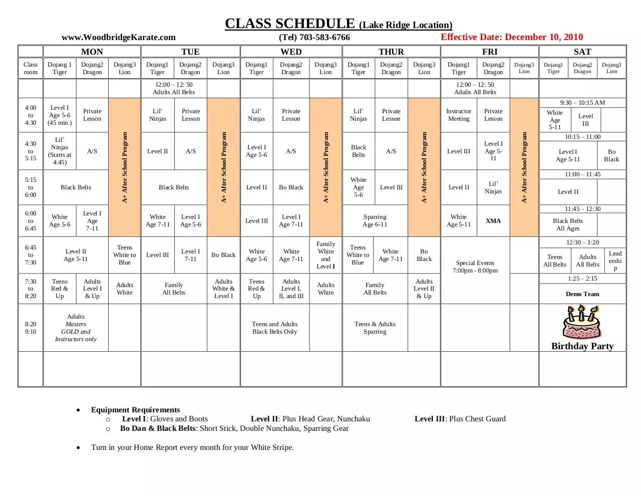 Page 1 of 1, Lake Ridge Class Schedule