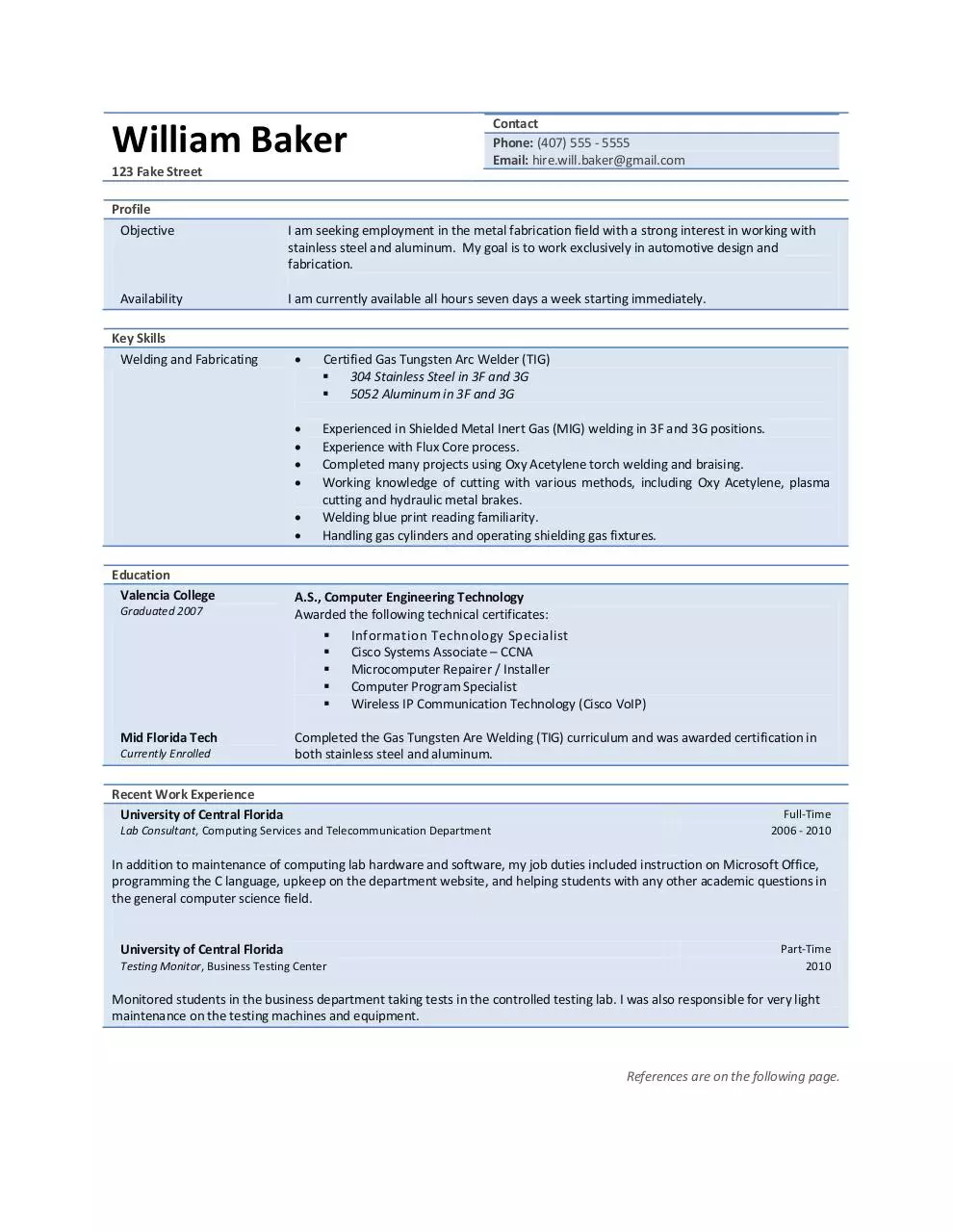 Page 1 of 1, William Baker Welding Resume