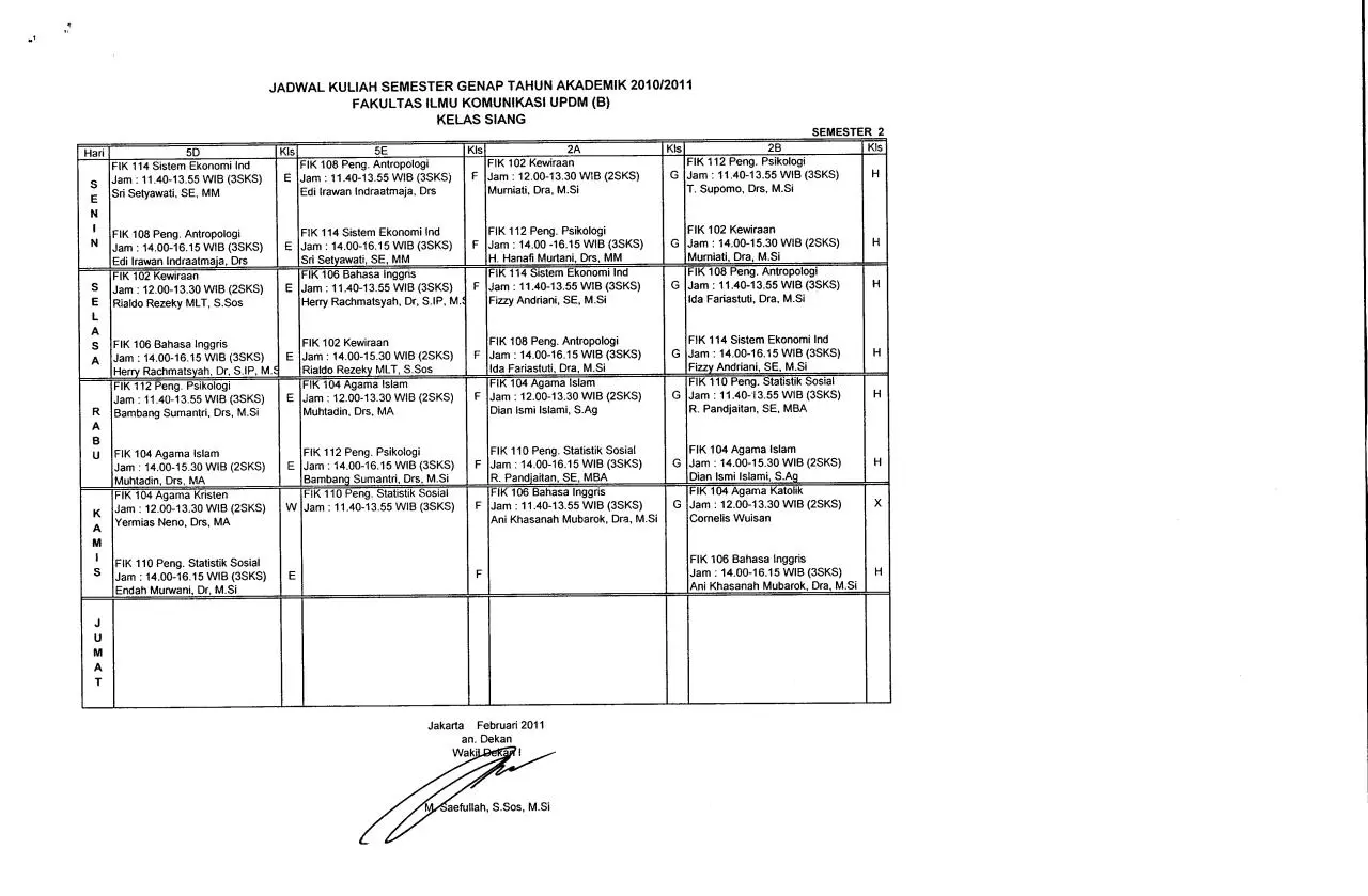 Page 1 of 4, JADWAL KULIAH SIANG