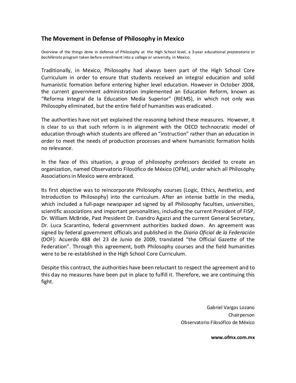 Page 1 of 1, The Movement in Defense of Philosophy in Mexico