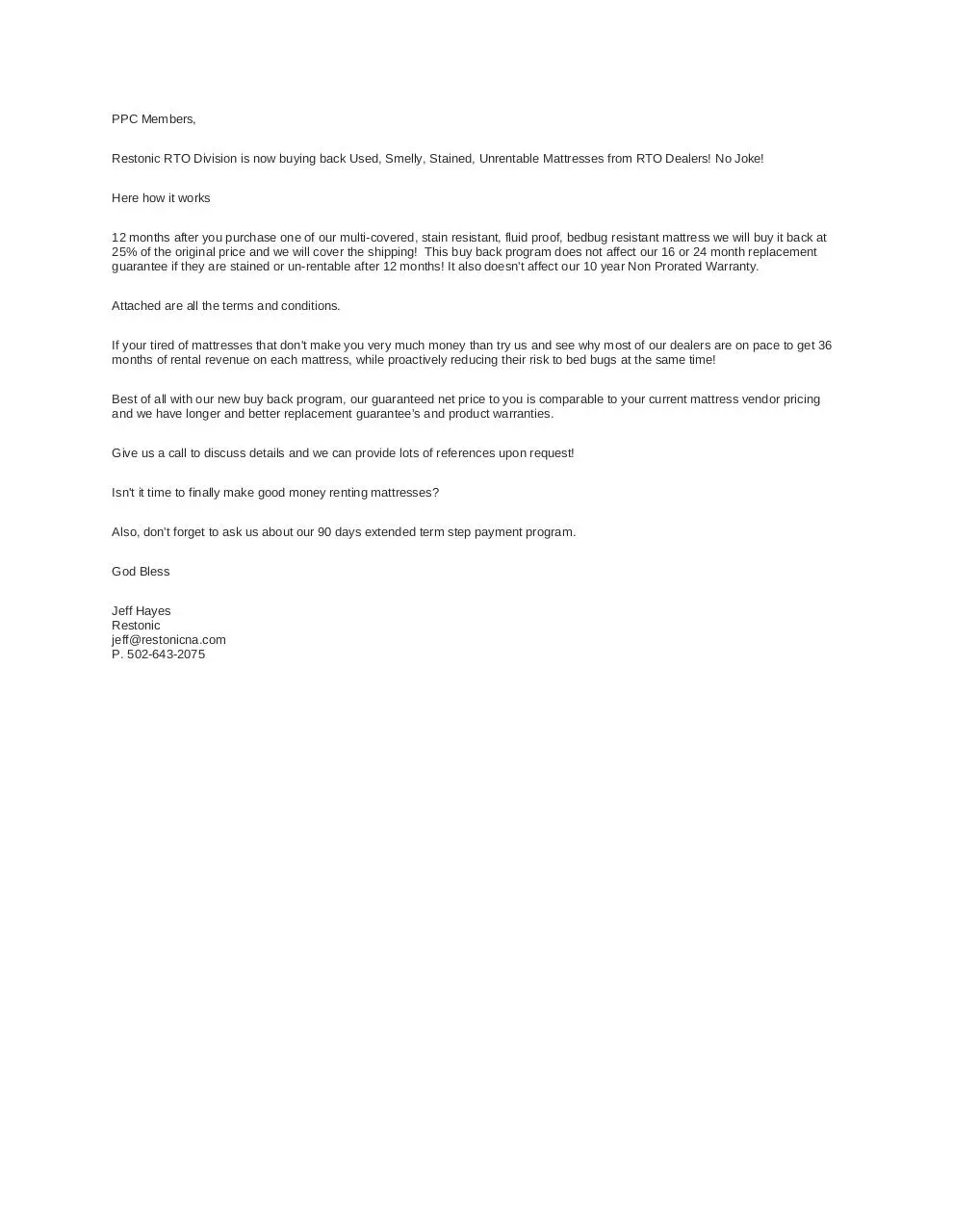 Page 1 of 1, Restonic Mattress Buyback Letter