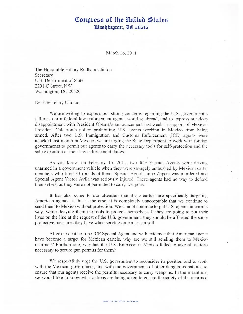 Page 1 of 4, 3.17.11 Letter to Clinton to Arm Law Enforcement in Mexico