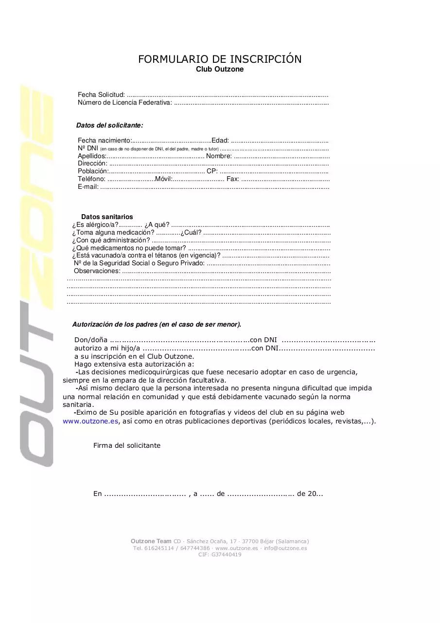 Page 1 of 1, FORMULARIO DE INSCRIPCION club