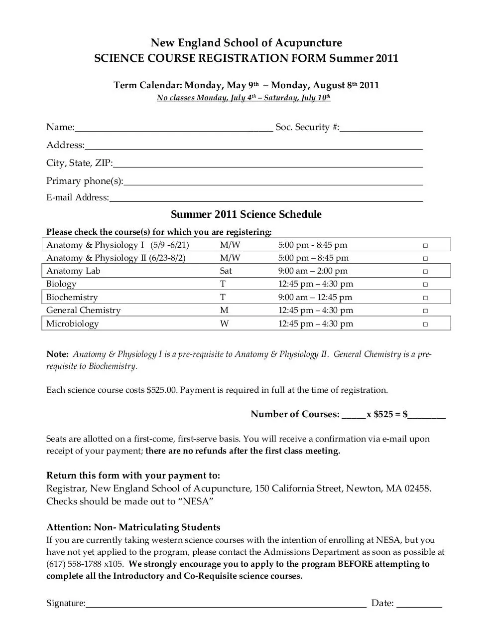 Page 1 of 1, Science Registration Form SU11
