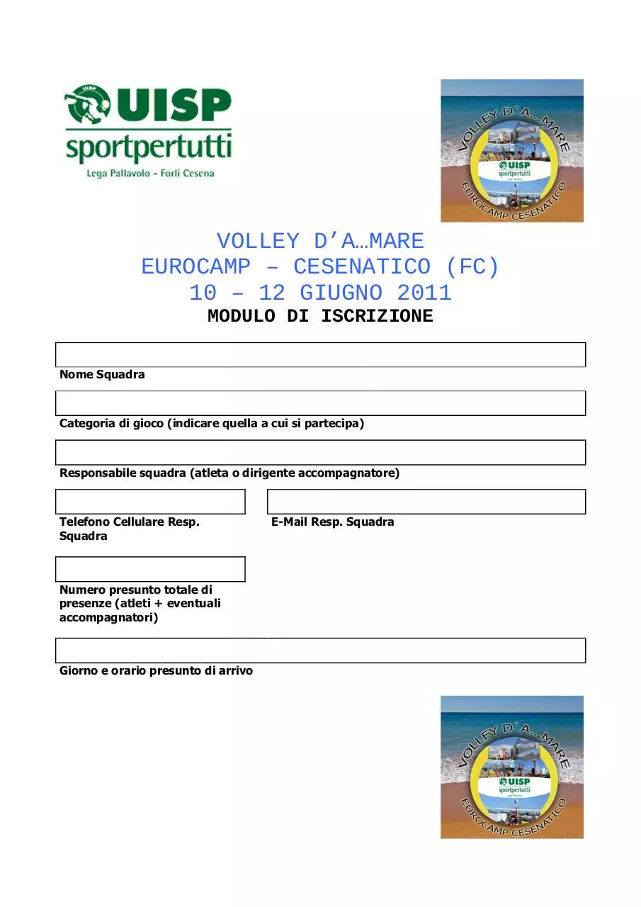 Page 1 of 2, VOLLEY D'A...MARE Cesenatico Giugno 2011 Modulo iscrizione