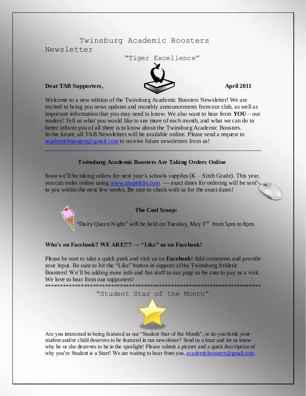 Page 1 of 1, Twinsburg Academic Boosters Newsletter