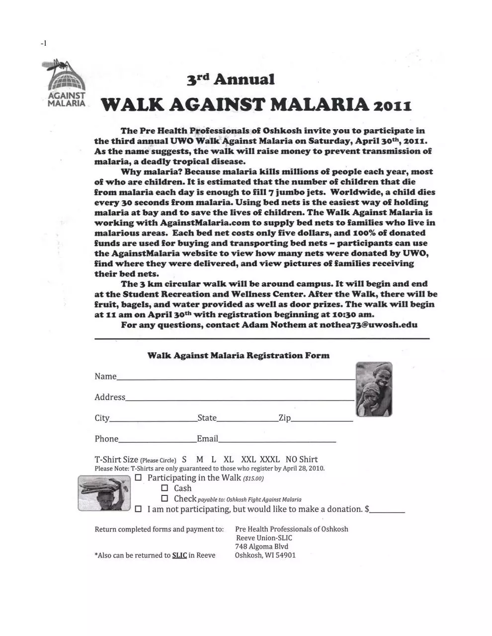 Page 1 of 1, Walk Against Malaria Form