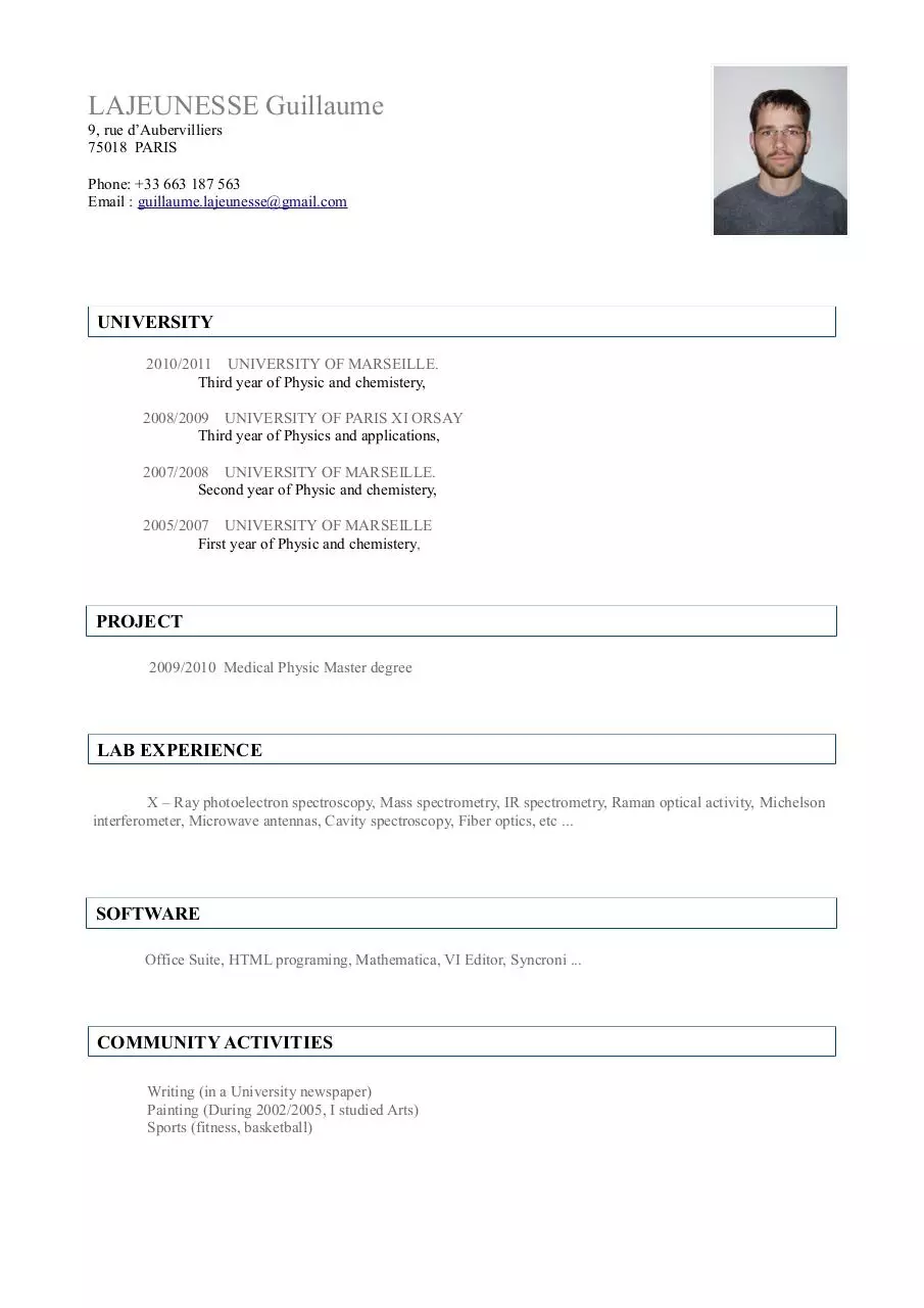 Page 1 of 1, CV internship 2011