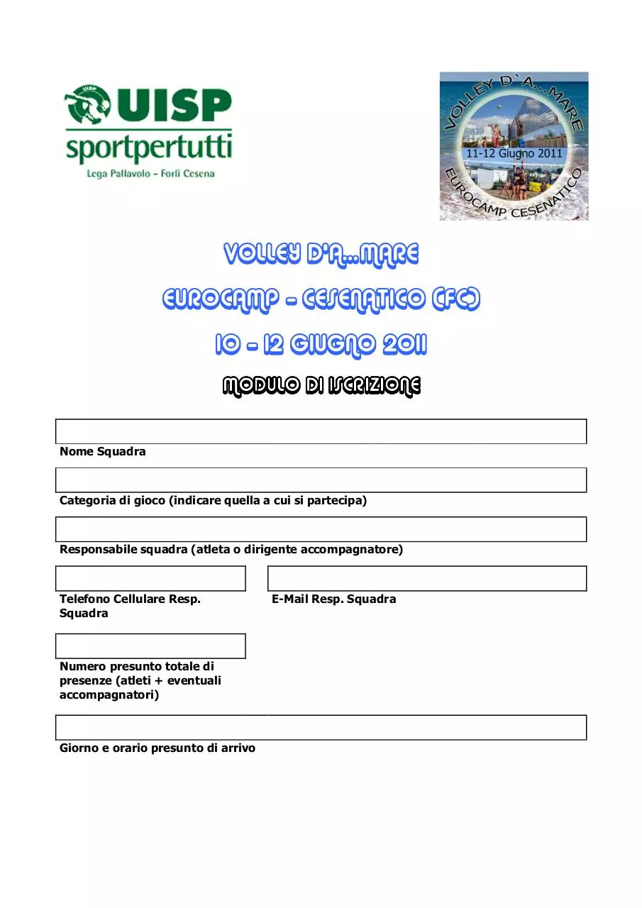 Page 1 of 2, VOLLEY D'A...MARE Cesenatico Giugno 2011 Modulo iscrizione