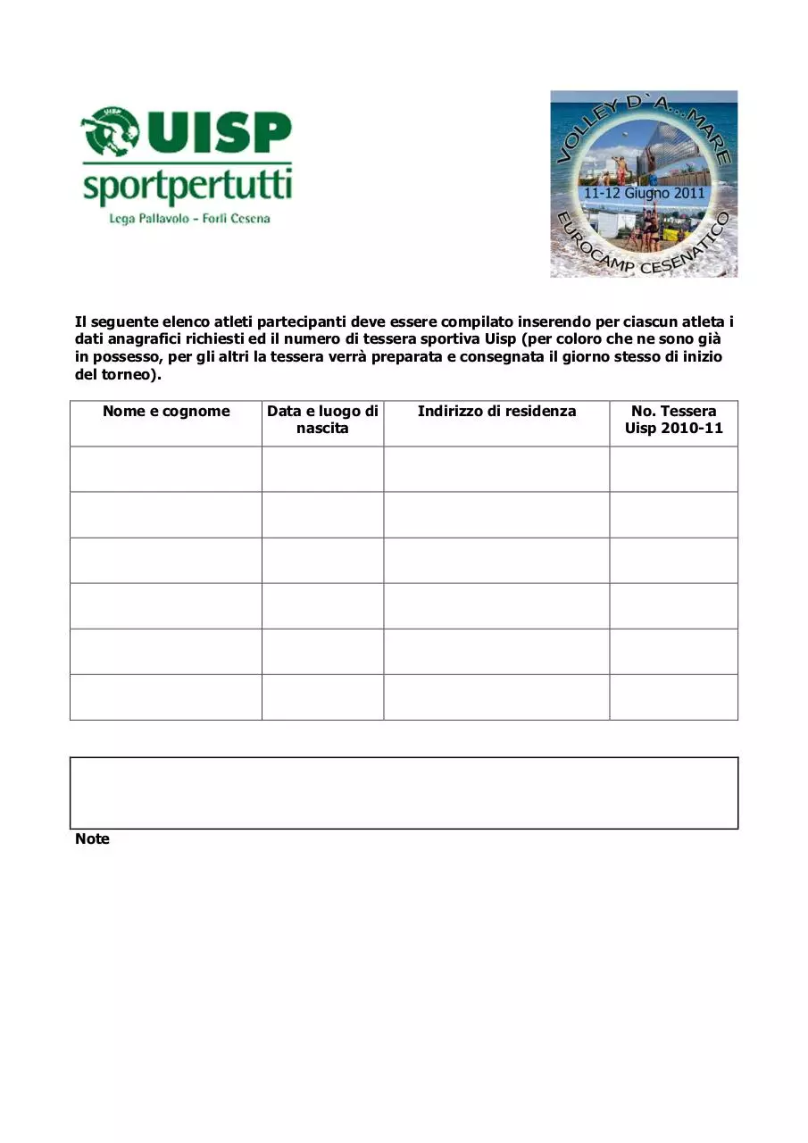 Page 2 of 2, VOLLEY D'A...MARE Cesenatico Giugno 2011 Modulo iscrizione