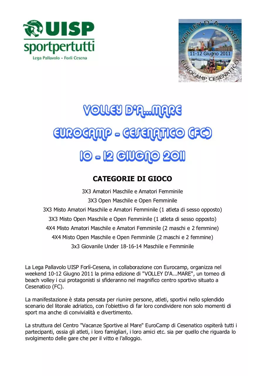 Page 1 of 6, VOLLEY D'A...MARE Cesenatico Giugno 2011 Presentazione