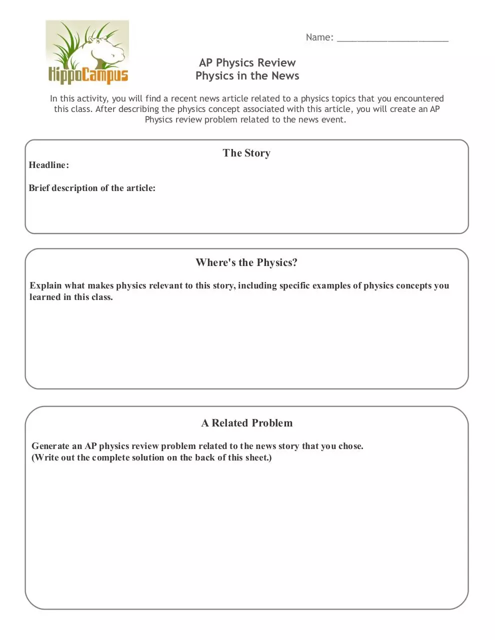 Page 1 of 1, AP Physics Review Worksheet