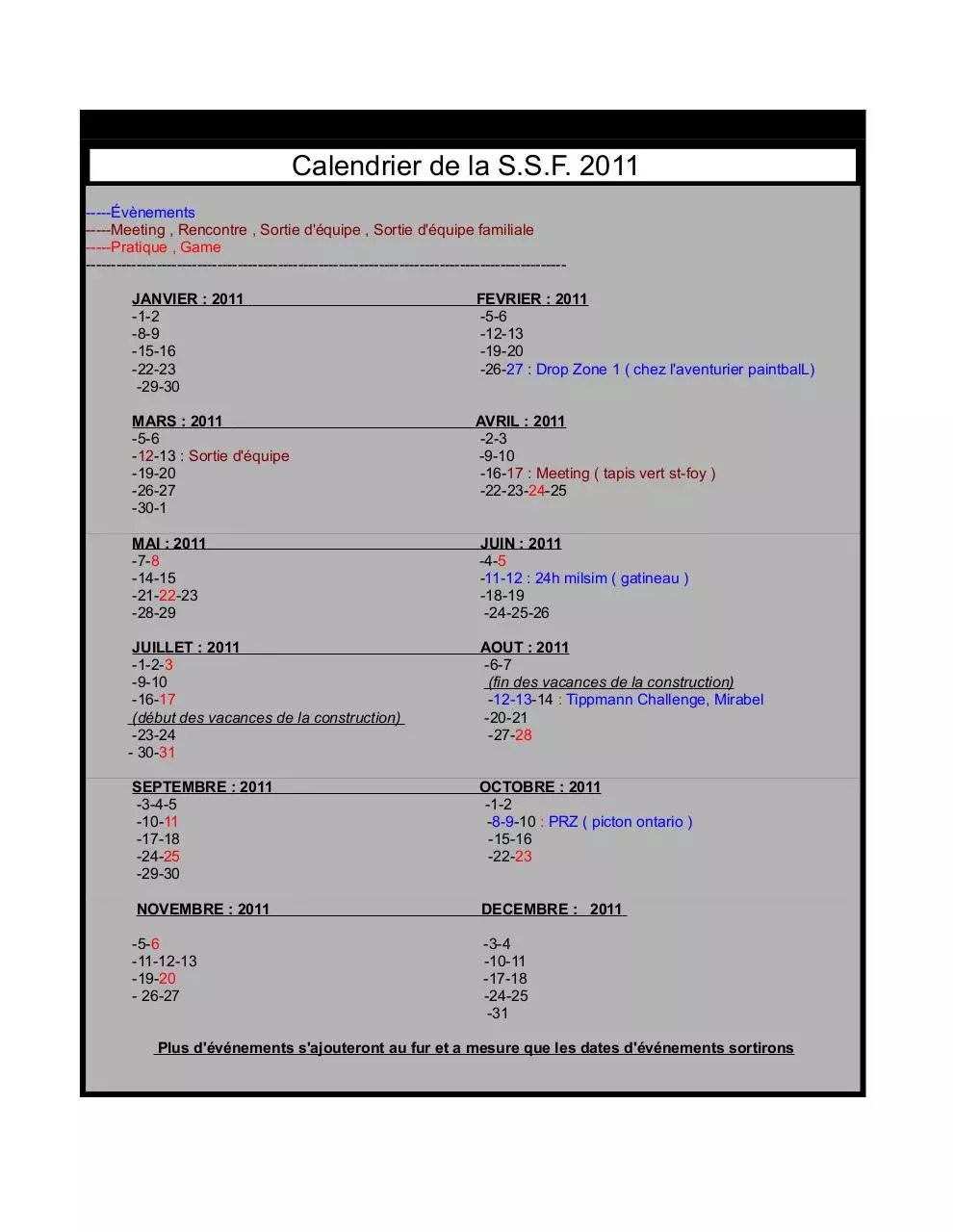 Page 1 of 1, CALENDRIER SSF 2011