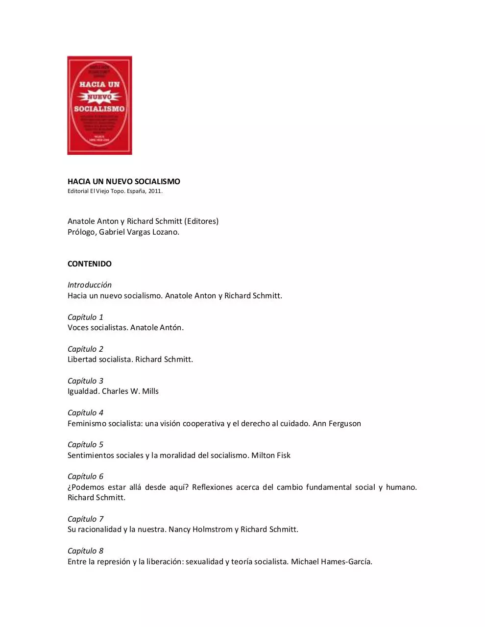 Page 1 of 2, HACIA UN NUEVO SOCIALISMO (CONTENIDO)