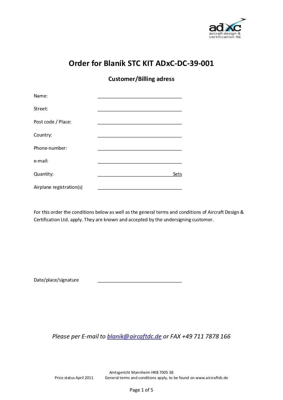 Page 1 of 5, Order form ADxC DC 39 001 Blanik STC engl