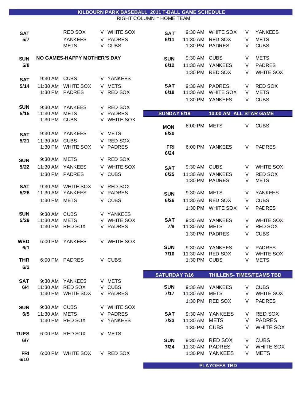 Page 1 of 1, TBall Games Schedule