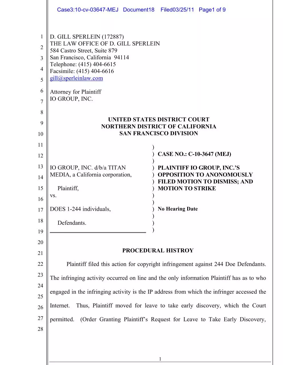 Page 1 of 9, 310 cv 03647 MEJ Docket 18 Opposition to motion to dismiss