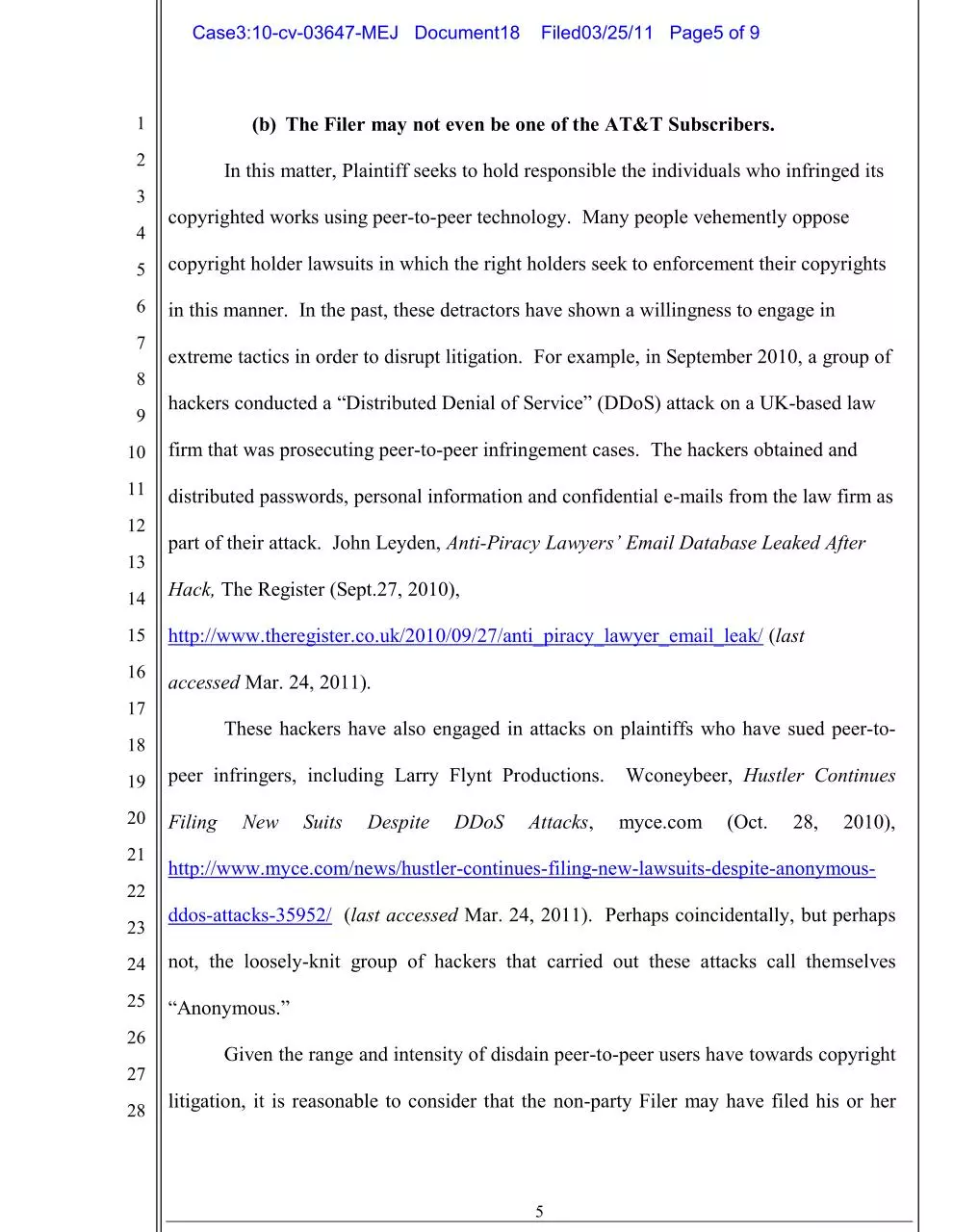 Page 5 of 9, 310 cv 03647 MEJ Docket 18 Opposition to motion to dismiss
