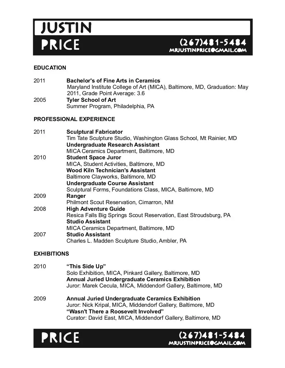 Page 1 of 3, Artist Resume Justin Price