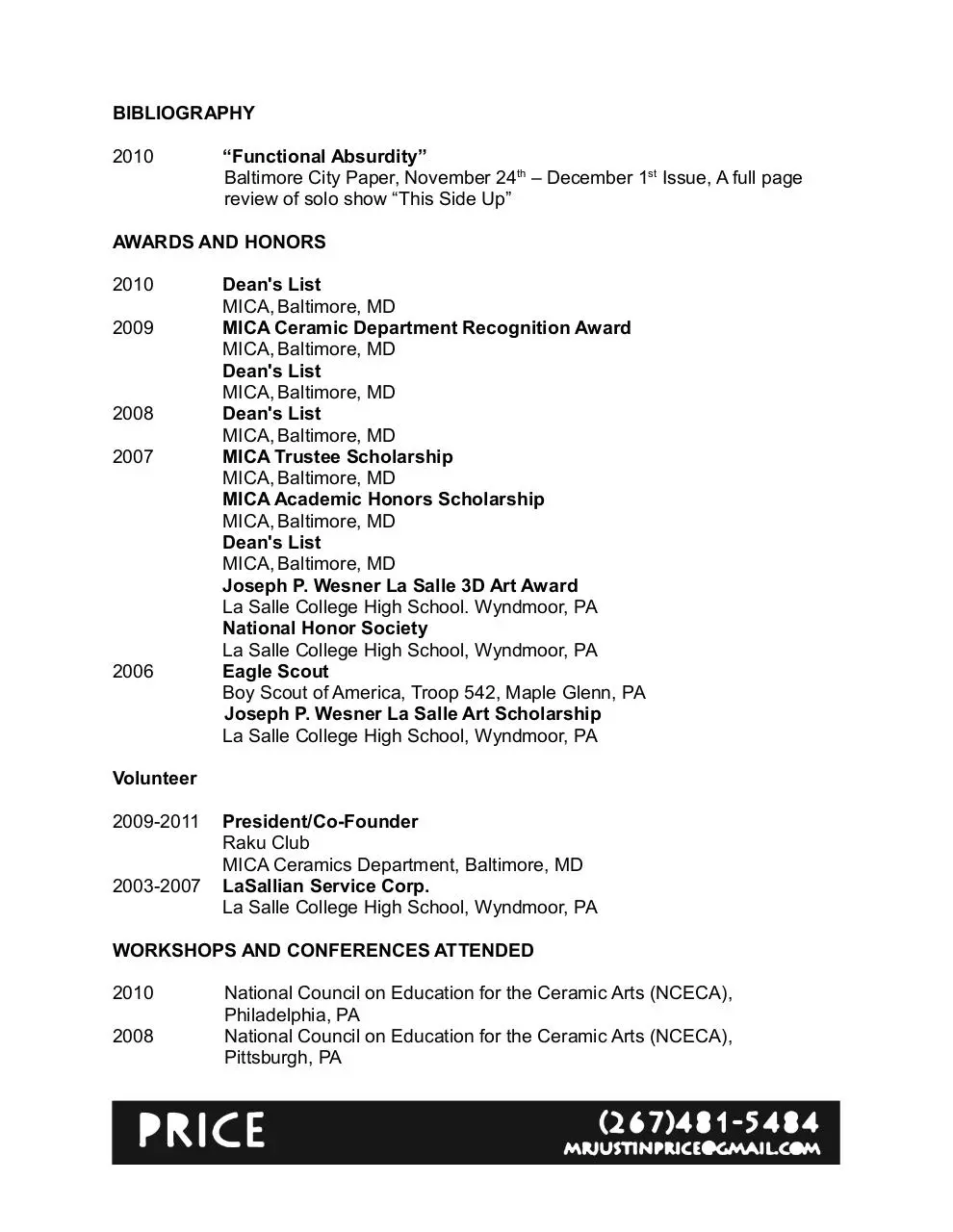 Page 2 of 3, Artist Resume Justin Price