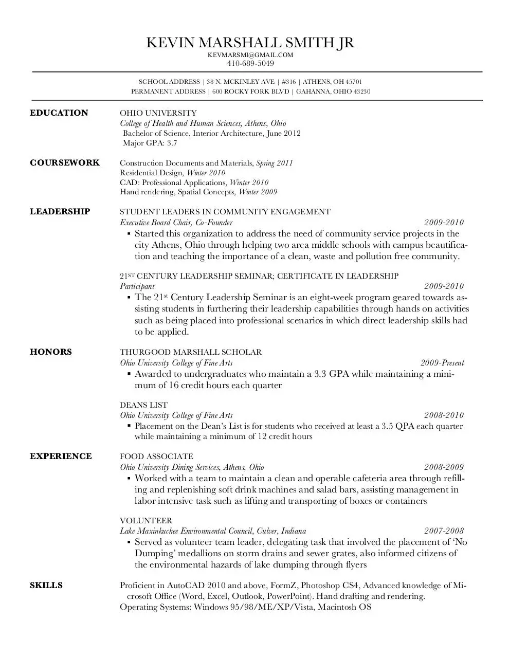 Page 1 of 1, Internship Resume