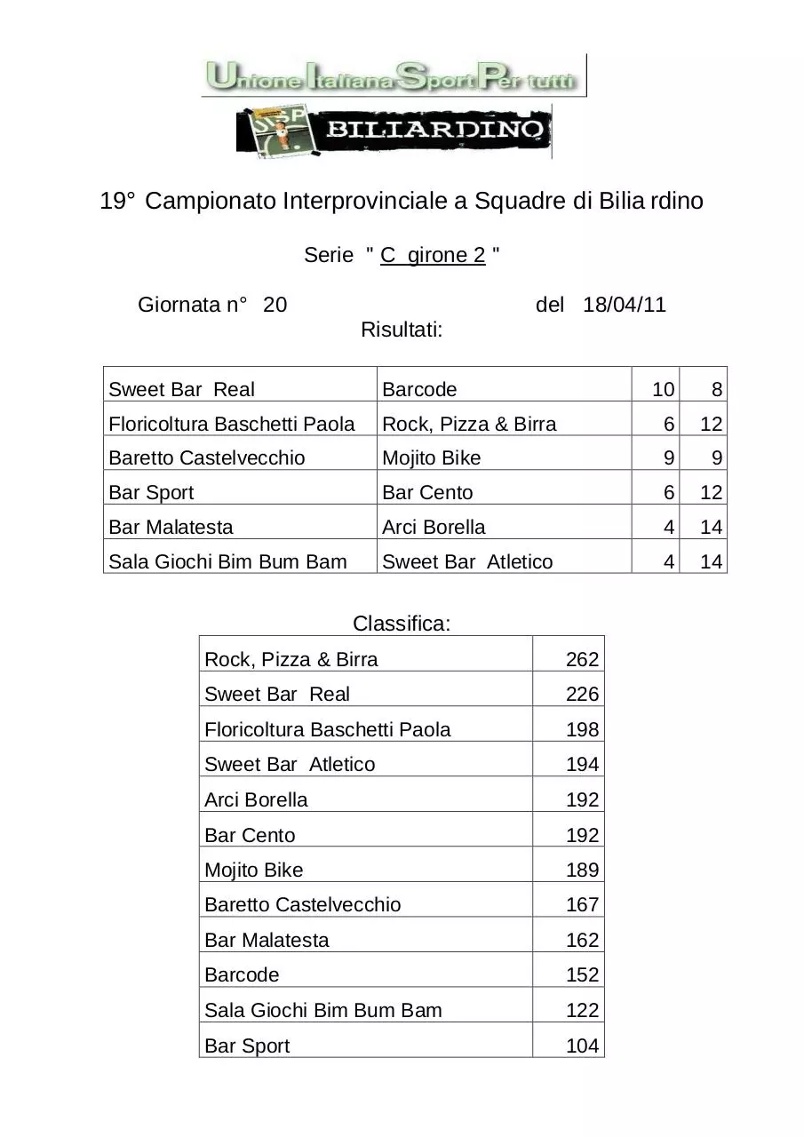 Page 5 of 5, Serie A B1 B2 C1 C2 20^ giornata