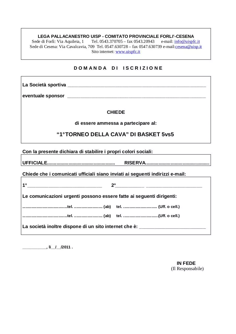 Page 1 of 1, 1° Torneo di basket della Cava Modulo iscrizione