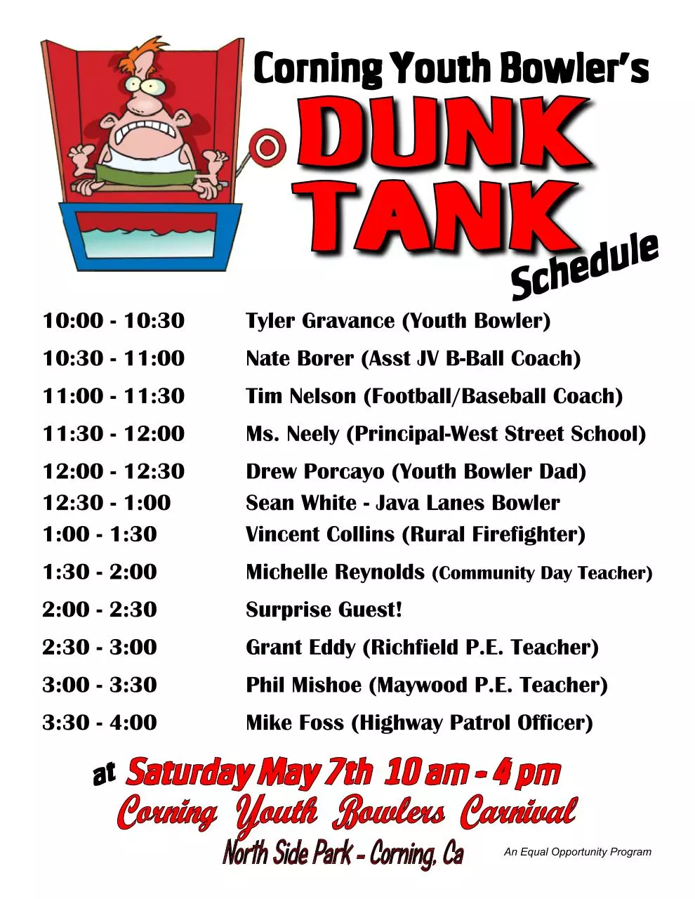 Page 1 of 1, dunk tank schedule 2