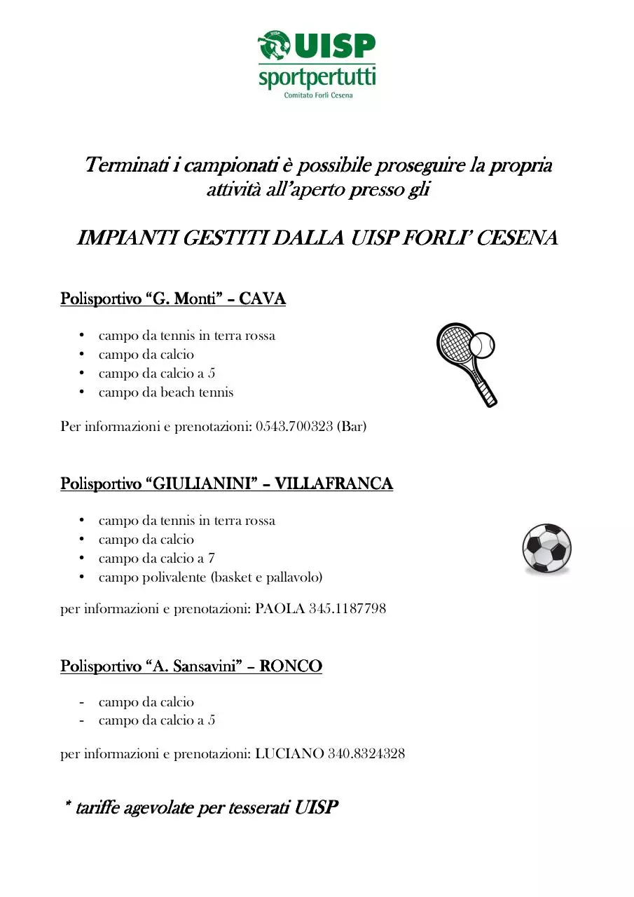 Page 1 of 1, IMPIANTI GESTITI DA UISP FORLI