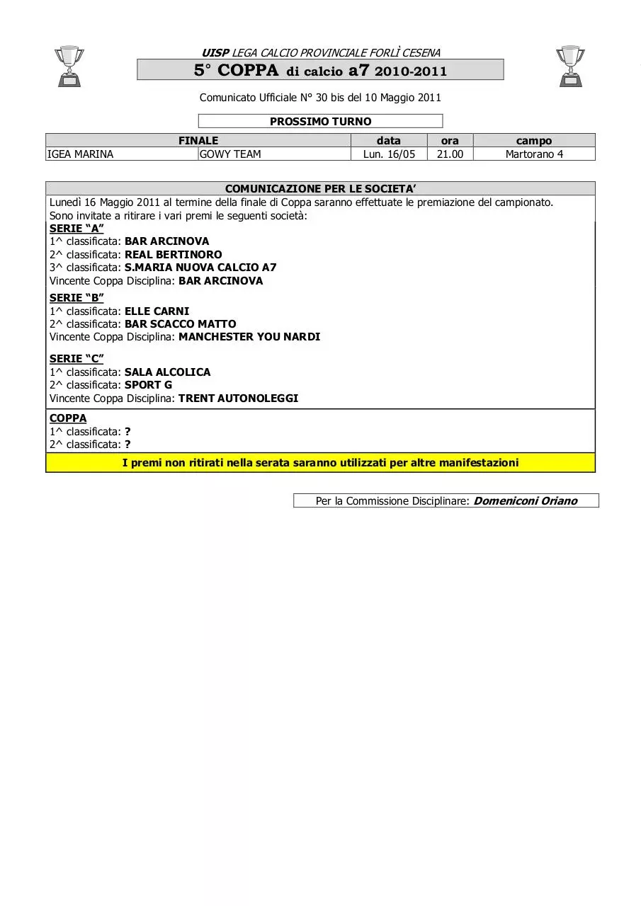 Page 1 of 1, C.U. calcio a7 nr.30 bis